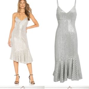 Saylor Peggie spaghetti Strap Sequin Silver Midi Dress Bottom Flare Sz XS